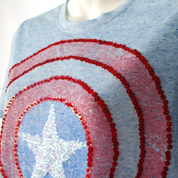Halloween Captain America Tee Size L (Jr's) XS-S Customized Sequined Embellished - Picture 4 of 8